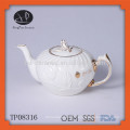 Hot vendendo chinês porcelana cerâmica branca em relevo chá pot com jante de ouro